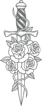 A classic black and white tattoo-style featuring a sharp dagger entwined with blooming roses and delicate leaves
