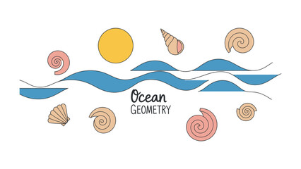 Ocean Geometry: A stylized depiction of ocean waves, seashells, and a sun, embodying a minimalist and abstract approach to marine themes. © Maira