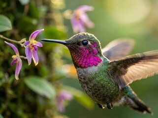 Fototapeta premium Anna's Hummingbird Feeding on Delicate Purple Flowers in Soft Sunlight
