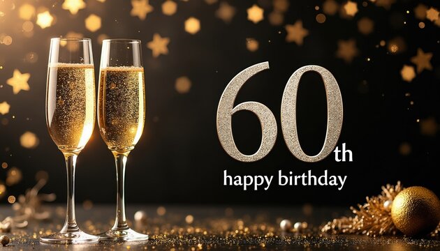 Two champagne glasses filled with bubbly drink sit near golden number 60 on dark background with bokeh stars. Festive party for sixtieth birthday celebration with glittering confetti.