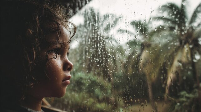 Child Watching Tropical Rainstorm from Window, Capturing the Serenity and Beauty of Nature During Rainy Weather