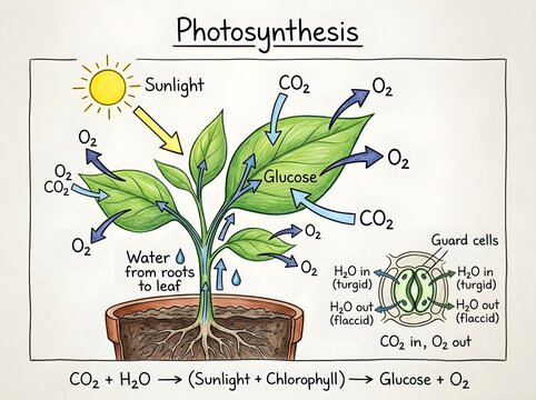 Photosynthesis diagram showing plant process, carbon dioxide, oxygen, glucose formula, and stomata guard cells.