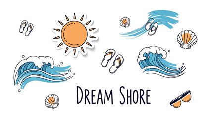 Dream Shore Collection: A whimsical collection of summer beach elements, including stylized waves, a radiant sun, flip-flops, seashells, and sunglasses. © Maira