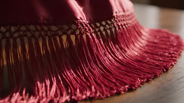 Closeup of intricate floral embroidery on a pink fabric with fringe detail.