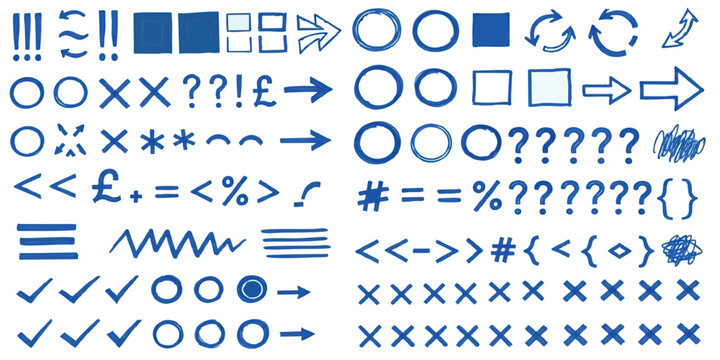 Set of hand drawn blue and black doodle symbols and shapes