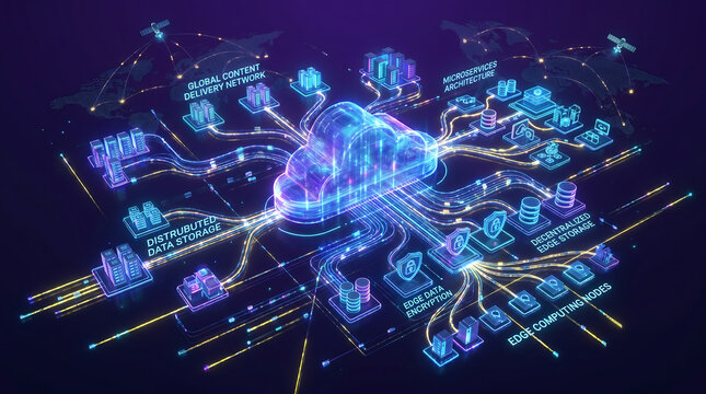 Cloud computing and global content delivery network conceptual illustration for edge computing.