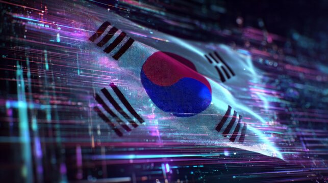 Illuminated South Korean Flag with Holographic Effects on Transparent Background
