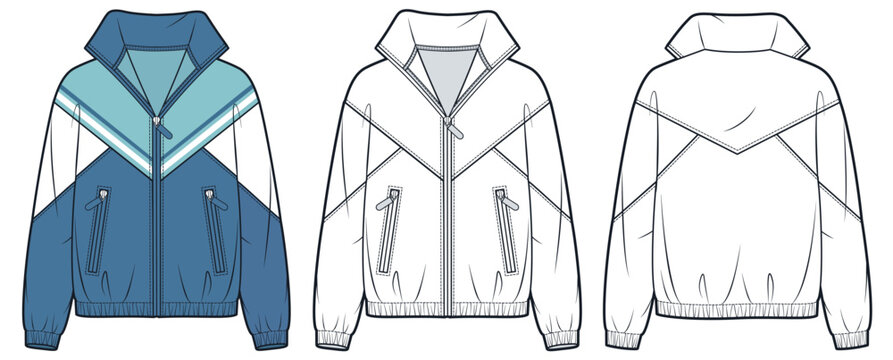 Unisex Color Block Track Jacket Fashion Flat Technical Drawing Template, Zip Front Sports Jacket CAD Mockup, Front and Back View