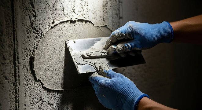 Worker applying fresh plaster to a concrete wall with a trowel tool