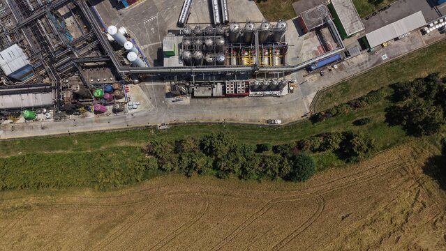 Aerial view of a pharmaceutical factory in Europe
