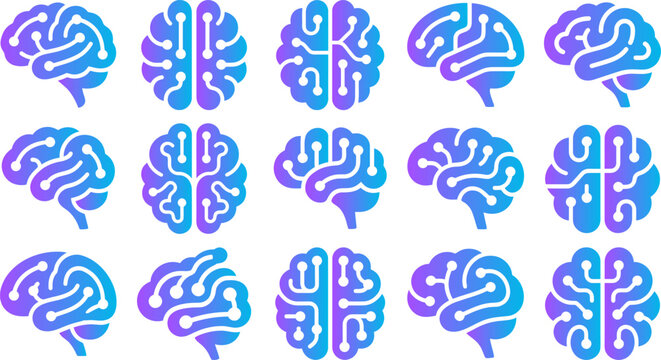 Set of abstract brain icons circuit board design gradient blue purple.