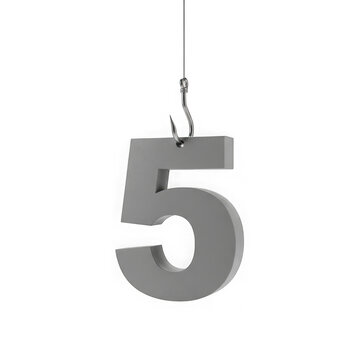 A grey number five hanging from a metal hook on a thin wire string isolated on transparent background