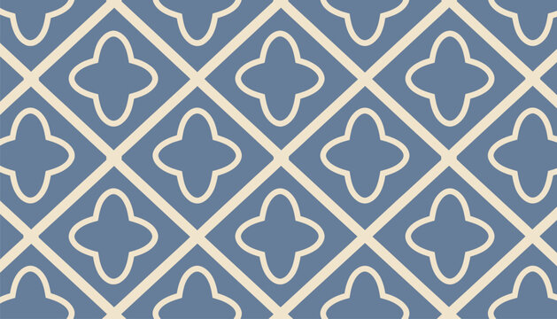 Traditional quatrefoil lattice pattern with blue and cream color scheme showcases a classic architectural motif for sophisticated home decor and branding.