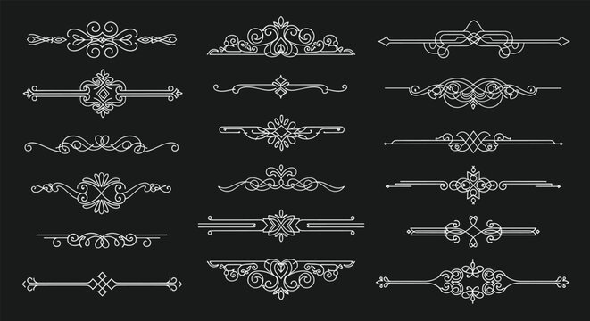 Large set of elegant white decorative dividers flourishes and line ornaments on a solid black background for formal document design.