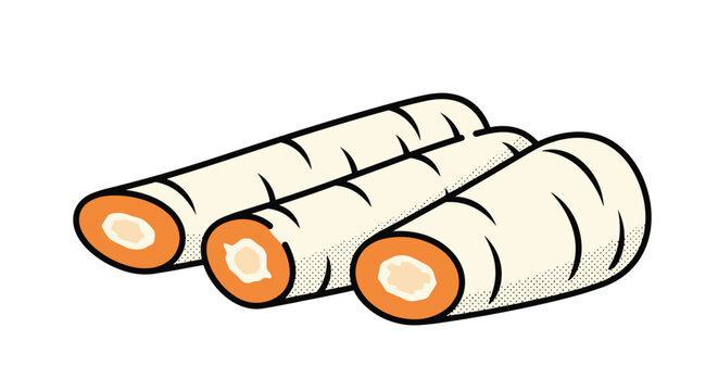 Close up illustration of three freshly cut sections of parsnip root showing the white flesh and orange core with black outlines.