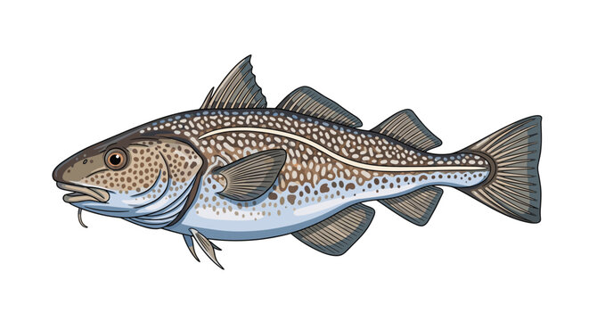 Scientific style illustration of a cod fish with mottled brown and grey spots and fins on a clean white background for educational use.