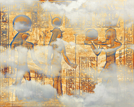Egyptian mythology: ancient bas relief carved on the temple wall depicting Egyptian god Ra, goddess Hathor and Roman Emperor Traianus