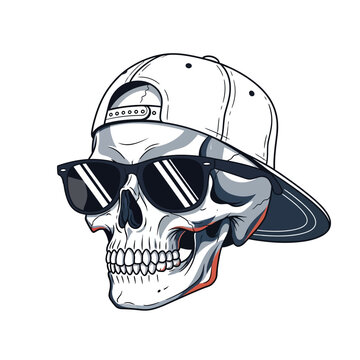 Skull wearing sunglasses and backward cap, cartoon style, white background