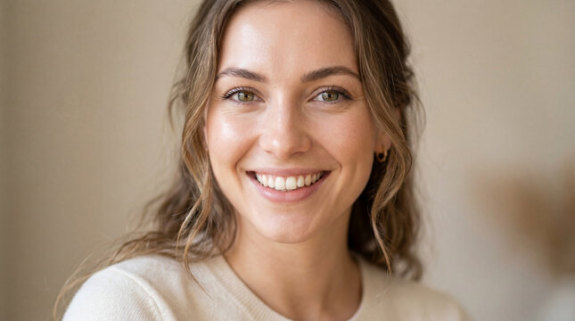 Portrait of a smiling young woman with healthy glowing skin and white teeth. Natural beauty and skincare concept close up.