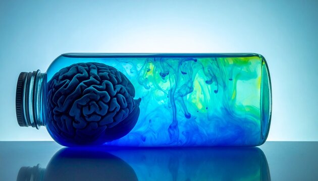 Brain replica rests horizontally in a glass bottle filled with swirling blue liquid to symbolize deep mental exploration.