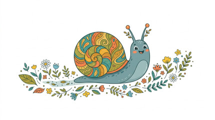 Cute cartoon snail vector illustration with colorful patterned shell and spring flowers © Lapak orang bejo