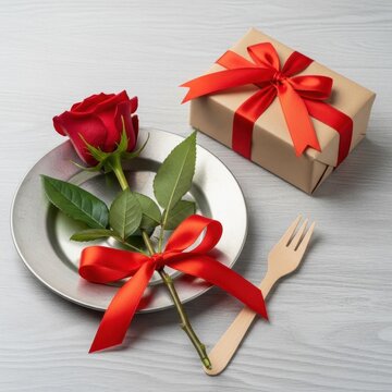 Red rose on metallic plate with gift box and wooden fork for romantic dinner table setting on light wooden background view.