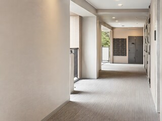 Fototapeta premium Welcoming Apartment Common Corridor With Delivery Lockers 