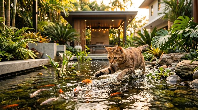 Cat Chasing Fish in Fish Pond - A domestic cat chasing fish in a tranquil fish pond surrounded by lush tropical plants.