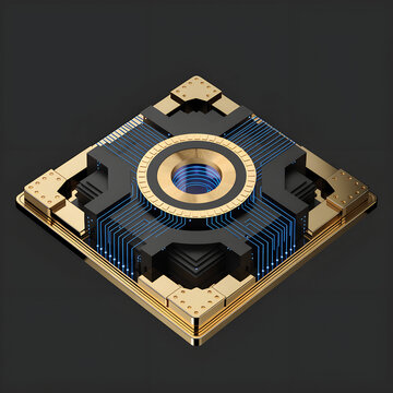 Next-gen quantum computing microchip core processor 3D presentation, futuristic hardware architecture with glowing blue circuit paths on solid dark background