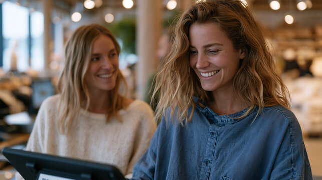 Social proof collection specialist setting up a digital kiosk inside a retail environment for post-purchase video testimonials, positioning a tablet on a branded stand near the checkout area as a st