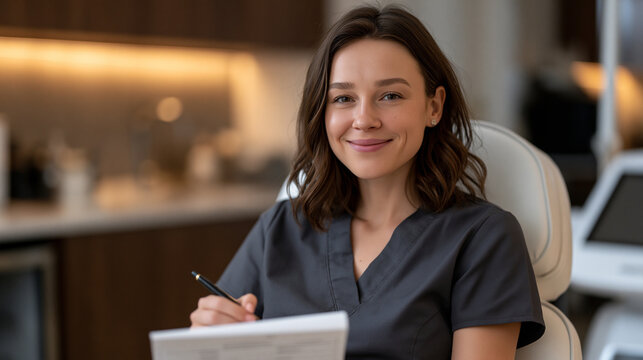 Laser technician reviews patch test results on a patient's inner arm before beginning a full underarm laser hair removal session, the technician recording notes on a printed consultation form, the c