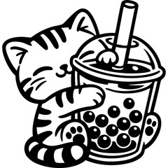 Cute Boba Lover Cat – Kawaii Kitty Hugging Bubble Tea © Hello Gie