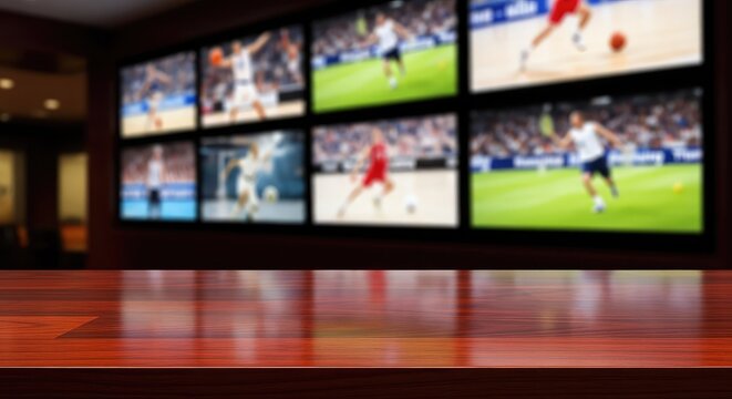 A polished wooden counter in a dimly lit sports bar with blurred television screens displaying athletic events in the soft background glow, blurred, texture, bokeh