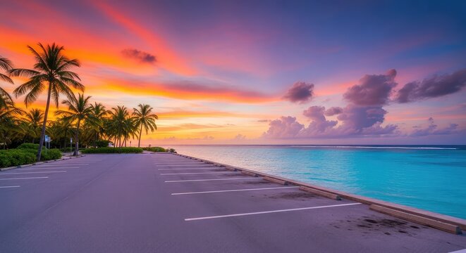 A scenic empty parking area by the crystal blue ocean during sunset with tall coconut palm trees swaying under a vibrant colorful sky, getaway, palm, clouds