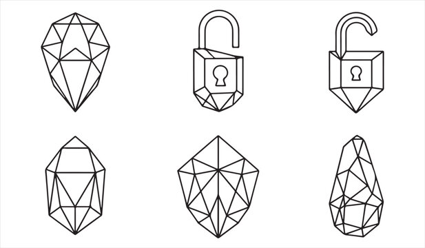 Geometric crystal and lock line icons with modern polygonal vector design