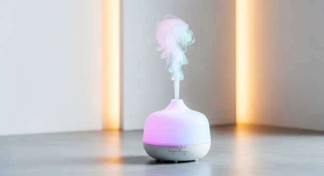 A sleek frosted coral essential oil diffuser emits a gentle stream of soft pastel vapor, creating a calming atmosphere in a minimalist room, wellbeing, aroma, spa