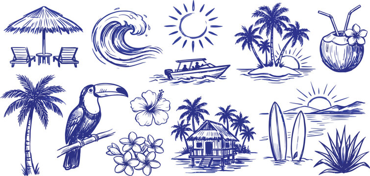 Set of hand drawn sea animals and tropical elements featuring a beach palm tree, ocean wave, and summer sun illustration
