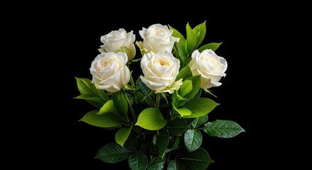 Fototapeta premium A stunning bouquet of five pristine white roses accompanied by vibrant green leaves, elegantly arranged against a solid black background, flora, photography, arrangement