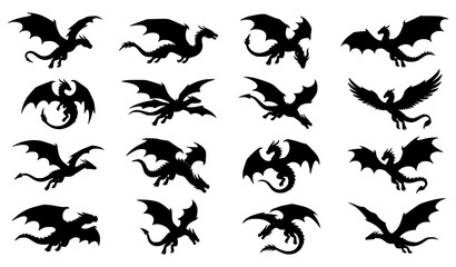 Assorted flying dragon silhouettes collection of mythical winged monster vector set isolated on white background © Md Humaun