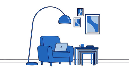 Fototapeta premium Modern interior illustration featuring armchair laptop lamp and art