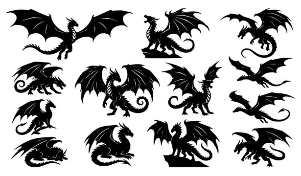 Fantasy dragon silhouette set of winged mythical creatures vector illustration collection isolated on white background
