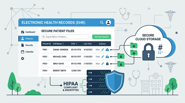 Digital health records system with secure cloud storage and HIPAA compliance for patient data management