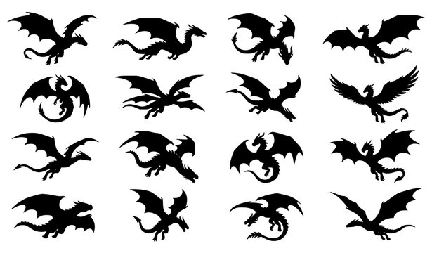 Assorted flying dragon silhouettes collection of mythical winged monster vector set isolated on white background