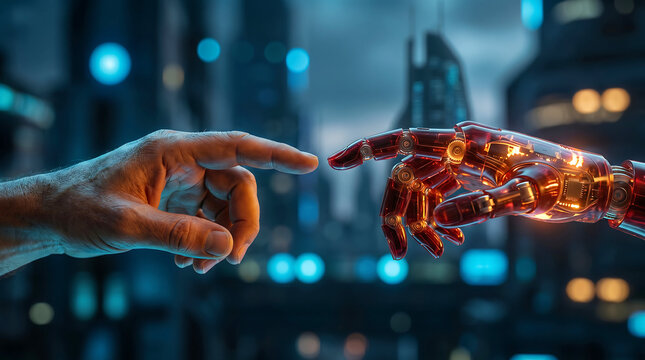 Human and robotic hands touching futuristic technology concept