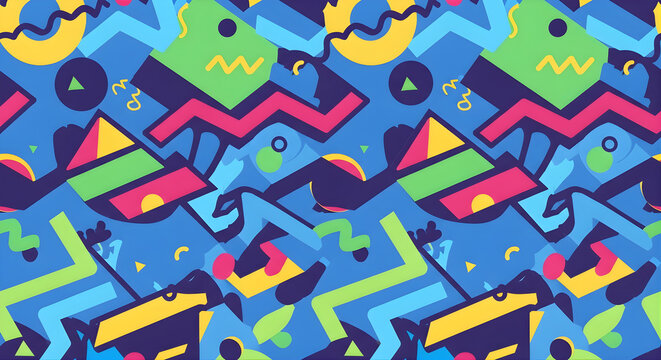 Retro 80s Memphis seamless geometric pattern with colorful shapes.