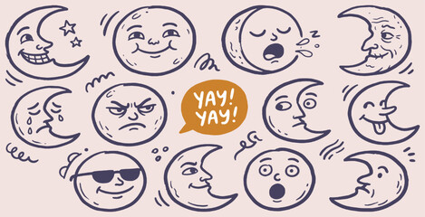 Obraz premium Collection of cartoon moon faces with various emotions and expressions, hand-drawn style.