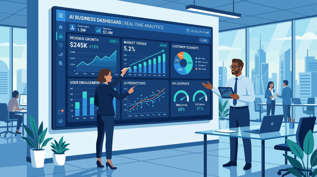 Business analytics dashboard display with diverse team analyzing financial growth charts and data visualization in office setting