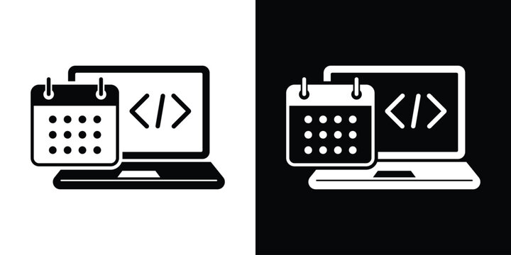 Laptop computer screen featuring code brackets alongside a calendar icon. Represents software release planning, project deadlines, hackathons, and scheduled code deployments.