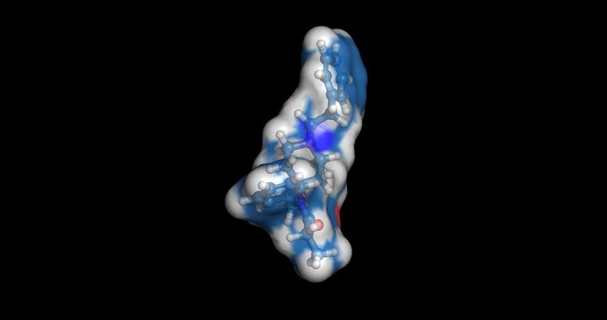 Carfentanil, high-potency fentanyl derivative and illicit street drug adulterant, 3D molecule spinning, 4K