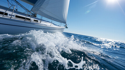 Fototapeta premium Sailing yacht cutting through ocean waves under bright sun, representing adventure, freedom and luxury travel concept.